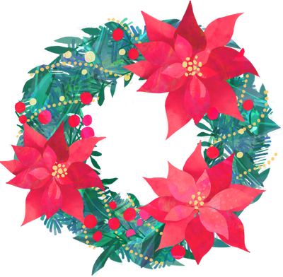 Detailed Textured Handdrawn Christmas Poinsettia Wreath